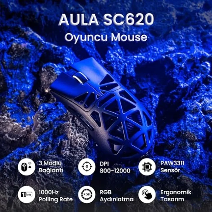 SC620 PAW3311 Sensör 12000 DPI 1000Hz Kablolu ve Kablosuz Gaming Oyuncu Mouse Siyah