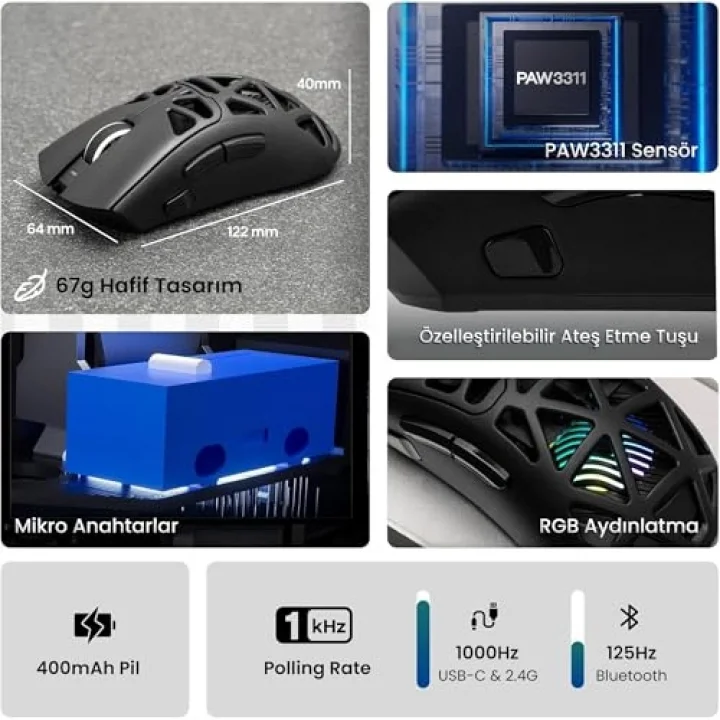 SC620 PAW3311 Sensör 12000 DPI 1000Hz Kablolu ve Kablosuz Gaming Oyuncu Mouse Siyah