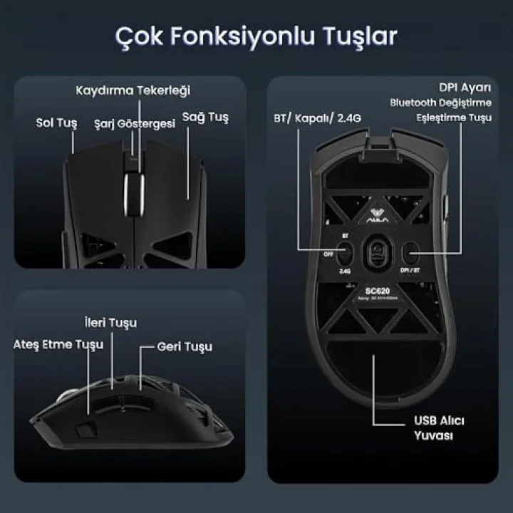 SC620 PAW3311 Sensör 12000 DPI 1000Hz Kablolu ve Kablosuz Gaming Oyuncu Mouse Siyah