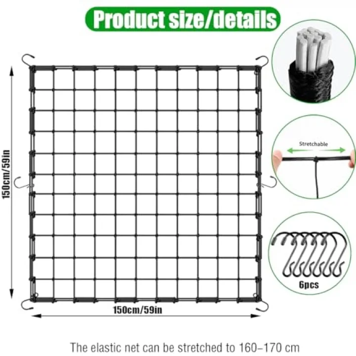 Scrog file, bitki yetiştirme ağı, (150 x 150 cm) elastik kafes ağı, 6 kancalı, elastik ağ kafesi, bitki yetiştirme çadırı, iç mekan bitkisi, hidroponik yetiştirme odası, elastik file