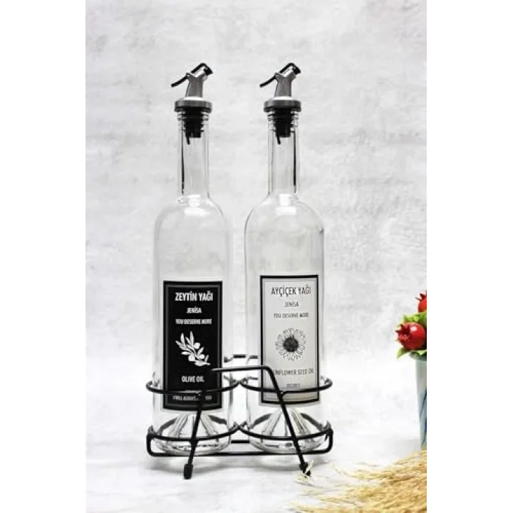 Şeffaf 750 Ml Siyah Beyaz Etiketli Siyah Standlı Akıtıcılı Yağlık Yağdanlık