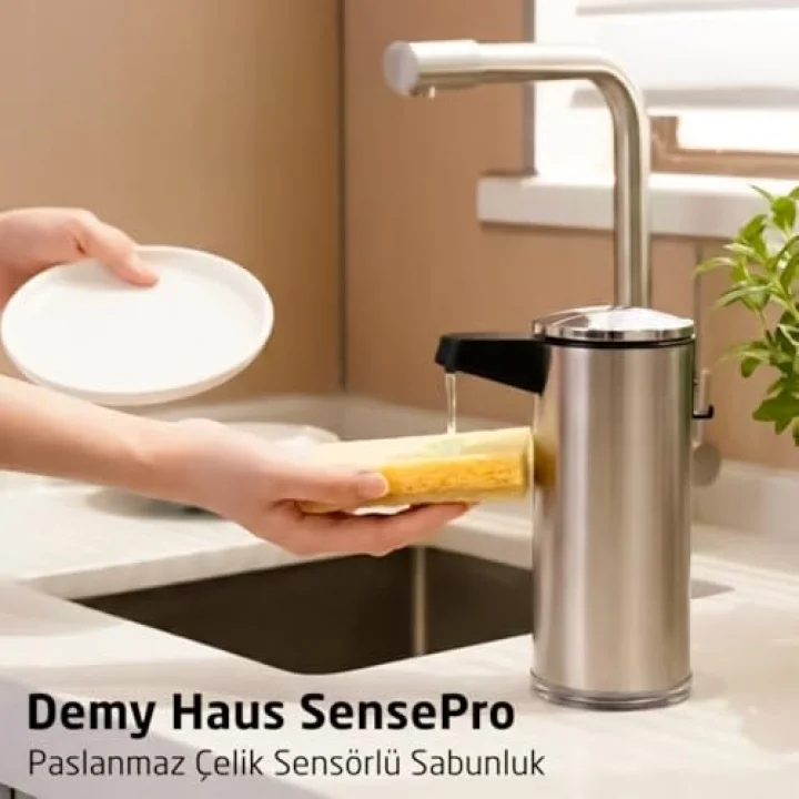 SensePro Sensörlü Otomatik Sıvı Sabunluk | Şarjlı Paslanmaz Çelik | 380ml 5 Kademeli Dozaj | Temassız Hijyenik | Banyo ve Mutfak | Metalik Gri