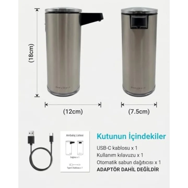 SensePro Sensörlü Otomatik Sıvı Sabunluk | Şarjlı Paslanmaz Çelik | 380ml 5 Kademeli Dozaj | Temassız Hijyenik | Banyo ve Mutfak | Metalik Gri