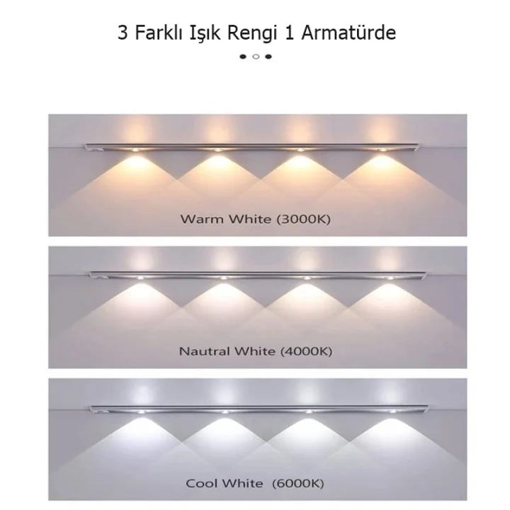 Sensörlü Şarjlı 3 Farklı Işık Renkli Dimmerli 40cm Siyah Cata Bella Ultra Slim Kabin Led
