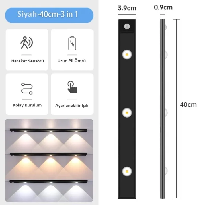Sensörlü Şarjlı 3 Farklı Işık Renkli Dimmerli 40cm Siyah Cata Bella Ultra Slim Kabin Led