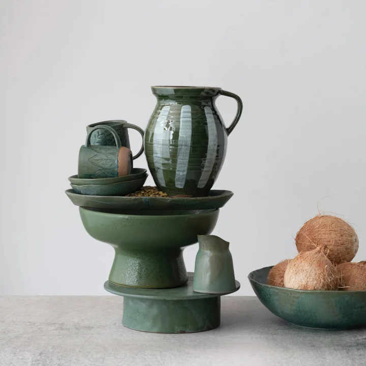 Seramik Kaide, Mat Yeşil Reaktif Sır Dekoratif Vurgular, 30,48 cm U x 30,48 cm G x 10,16 cm Y