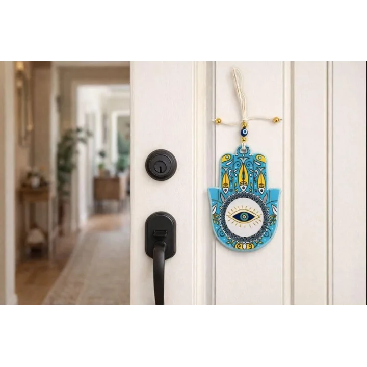 Seramik Nazar Duvar Süsü – Fatma Eli (Hamsa) | 13 cm El Yapımı | Kapı Girişi & Salon Dekoru | Anlamlı Hediye