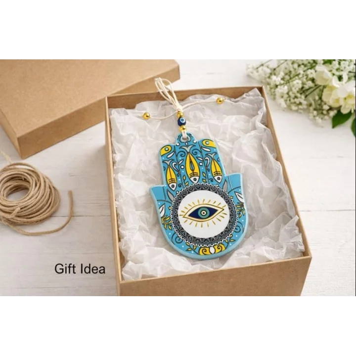 Seramik Nazar Duvar Süsü – Fatma Eli (Hamsa) | 13 cm El Yapımı | Kapı Girişi & Salon Dekoru | Anlamlı Hediye