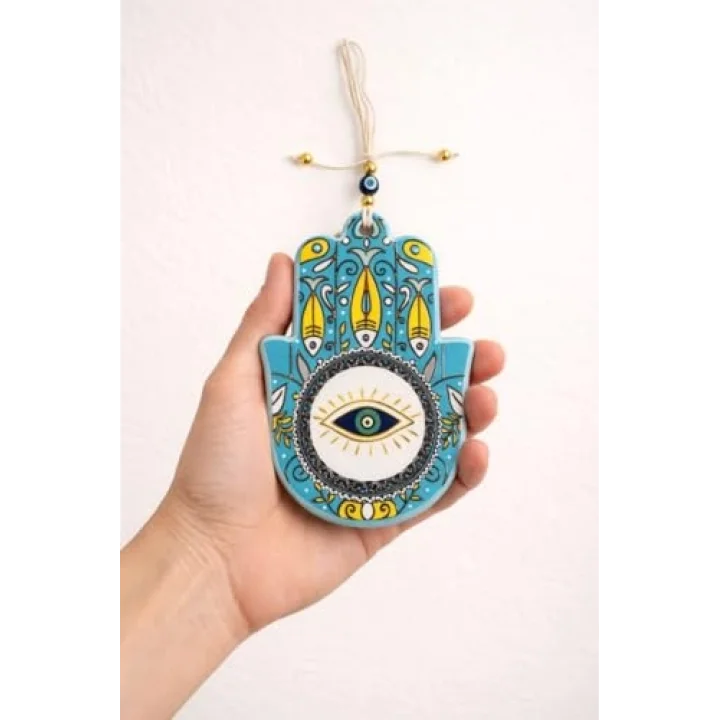 Seramik Nazar Duvar Süsü – Fatma Eli (Hamsa) | 13 cm El Yapımı | Kapı Girişi & Salon Dekoru | Anlamlı Hediye