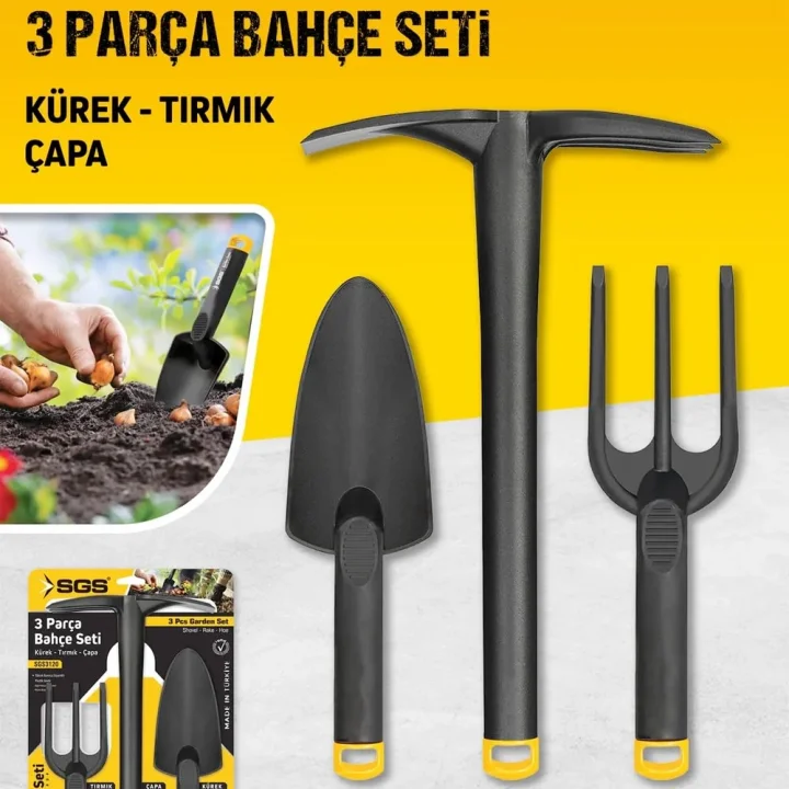 Sert Plastik Üçlü Bahçe Seti, Hobi Kürek - Çapa - Tırmık Bahçıvan Seti, Yüksek Basınca Dayanıklı Gövde, Paslanma Derdi Yok
