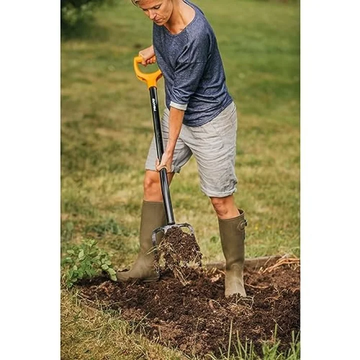 Sert, taşlı zeminler için kürek çatalı, 4 dişli, uzunluk 122 cm, yüksek kaliteli çelik diş/plastik sap, siyah/turuncu, sağlam, 1003458