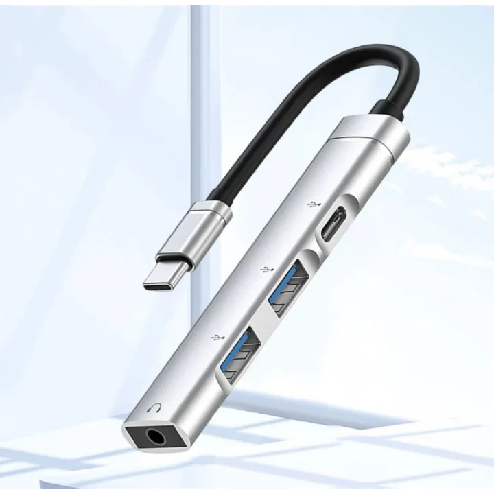 Ses Kartlı USB Hub Çoklayıcı Adaptör 4 in 1 Ses Kartlı USB/Type-c To USB 3.0, USB C ve 3.5mm Jak Çıkışlı Macbook Uyumlu Çevirici Adaptör Çok Portlu Çoklayıcı 4in1 USB HUB Gümüş Renk ZR615