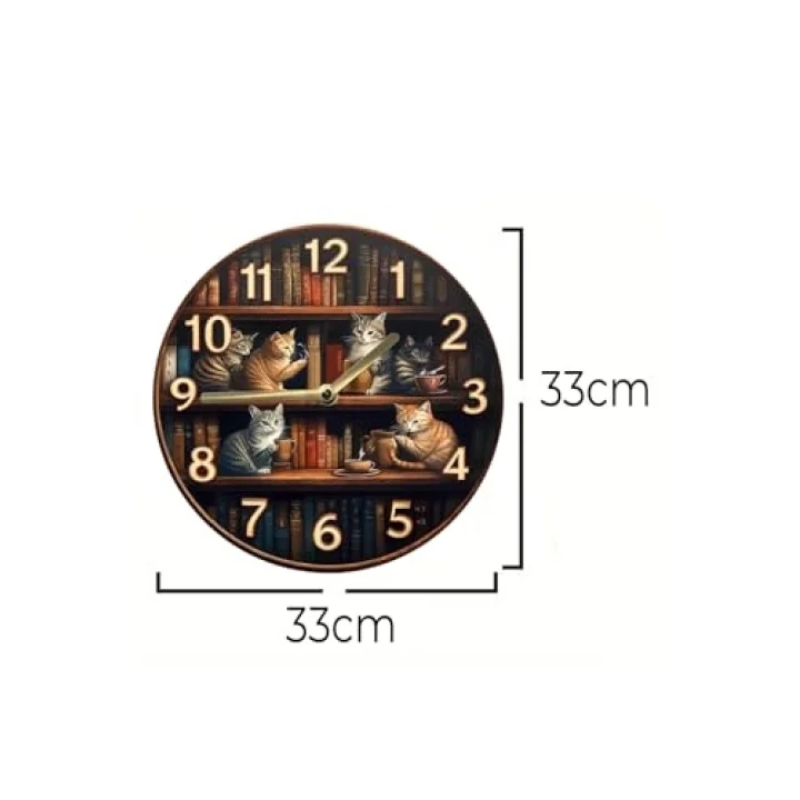 Sessiz Yuvarlak Ahşap Duvar Saati Kuvars Hareketli 2D Kedi Desen Sdw018,Sdw018 33 X