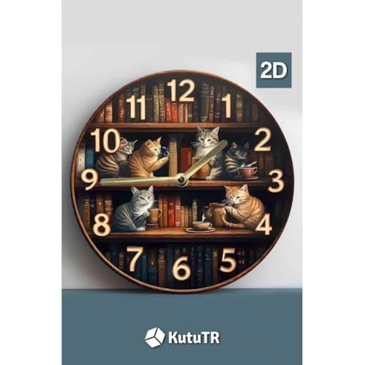 Sessiz Yuvarlak Ahşap Duvar Saati Kuvars Hareketli 2D Kedi Desen Sdw018,Sdw018 33 X