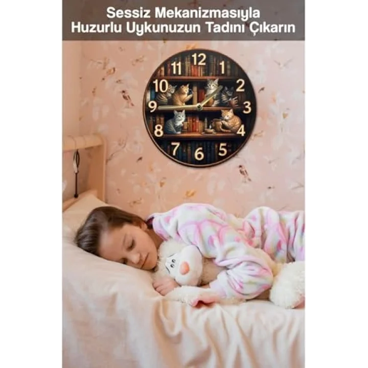 Sessiz Yuvarlak Ahşap Duvar Saati Kuvars Hareketli 2D Kedi Desen Sdw018,Sdw018 33 X