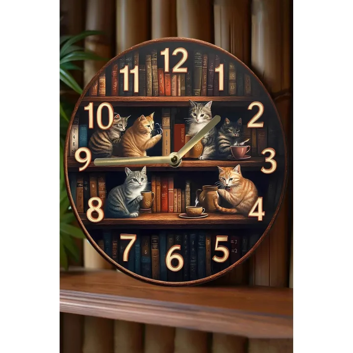 Sessiz Yuvarlak Ahşap Duvar Saati Kuvars Hareketli 2D Kedi Desen Sdw018,Sdw018 33 X