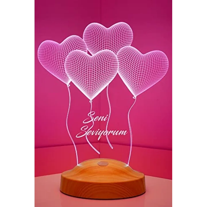 Sevgiliye Özel Kalpli 3D LED Lamba - Uçan Kalpler Tasarımıyla Romantik ve Anlamlı Hediye 3 Boyutlu 3D Led Lamba, Masa ve Gece Lambası