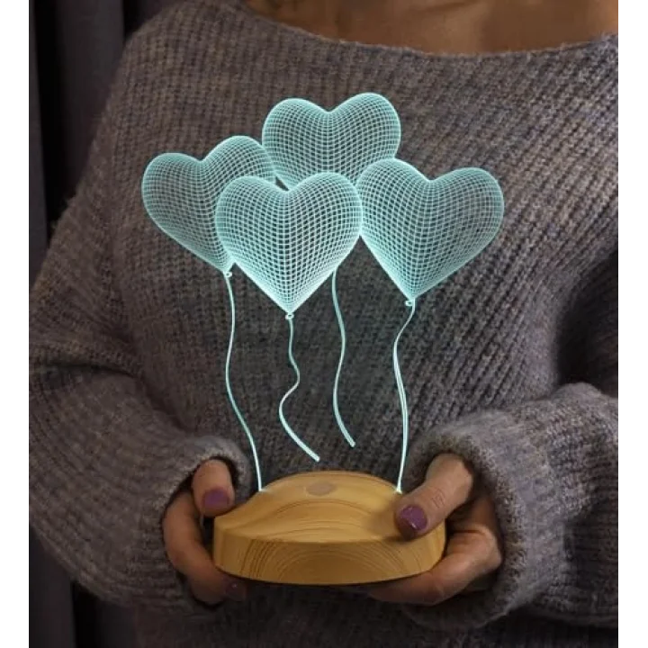 Sevgiliye Özel Kalpli 3D LED Lamba - Uçan Kalpler Tasarımıyla Romantik ve Anlamlı Hediye 3 Boyutlu 3D Led Lamba, Masa ve Gece Lambası