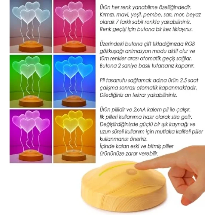 Sevgiliye Özel Kalpli 3D LED Lamba - Uçan Kalpler Tasarımıyla Romantik ve Anlamlı Hediye 3 Boyutlu 3D Led Lamba, Masa ve Gece Lambası
