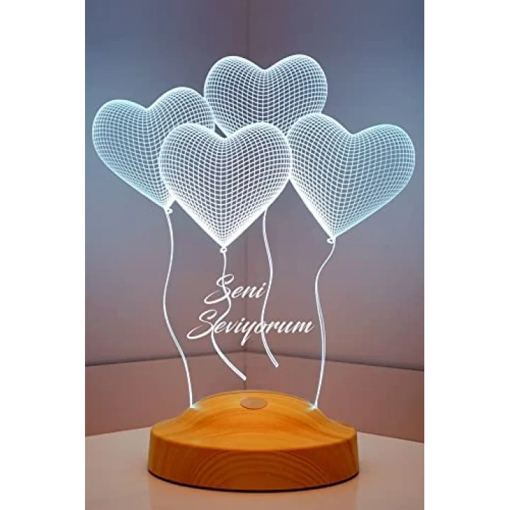 Sevgiliye Özel Kalpli 3D LED Lamba - Uçan Kalpler Tasarımıyla Romantik ve Anlamlı Hediye 3 Boyutlu 3D Led Lamba, Masa ve Gece Lambası