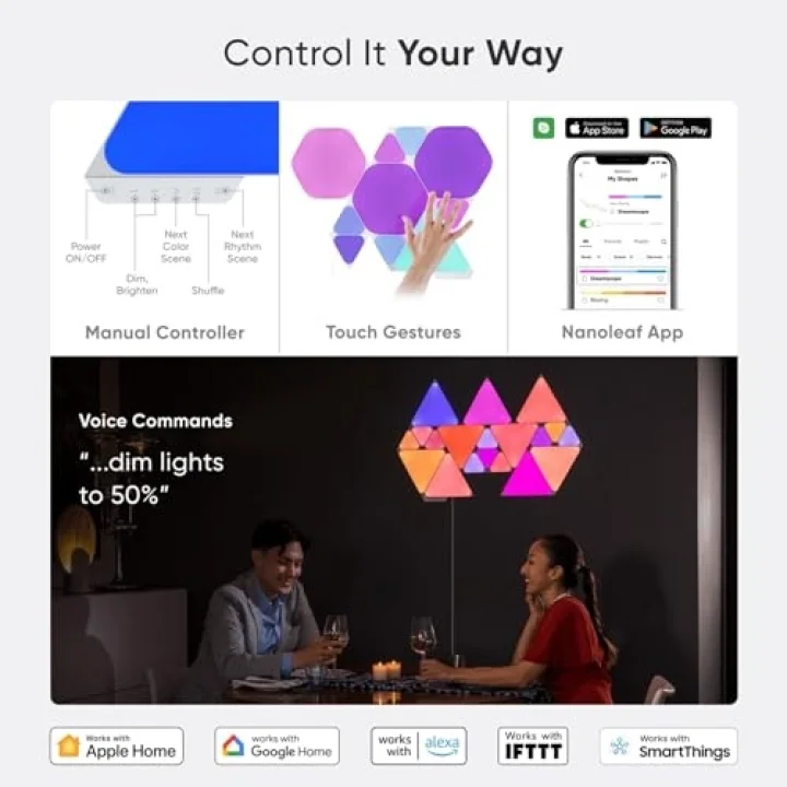 Shapes Üçgen Başlangıç ​​Seti, 9 Adet Akıllı RGBW Üçgen LED Panel – Modüler Wi-Fi İç Mekan Duvar Aydınlatması (16 Milyon Renk), Alexa, Google ve Apple ile Uyumlu