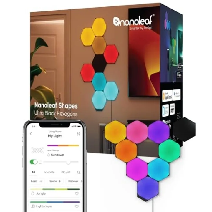 Shapes Ultra Black Altıgen Başlangıç ​​Kiti, 9 Akıllı RGBW LED Paneli – 16 Milyon Renk, Modüler Wi-Fi İç Mekan Duvar Aydınlatması; Alexa, Google ve Apple ile Uyumlu