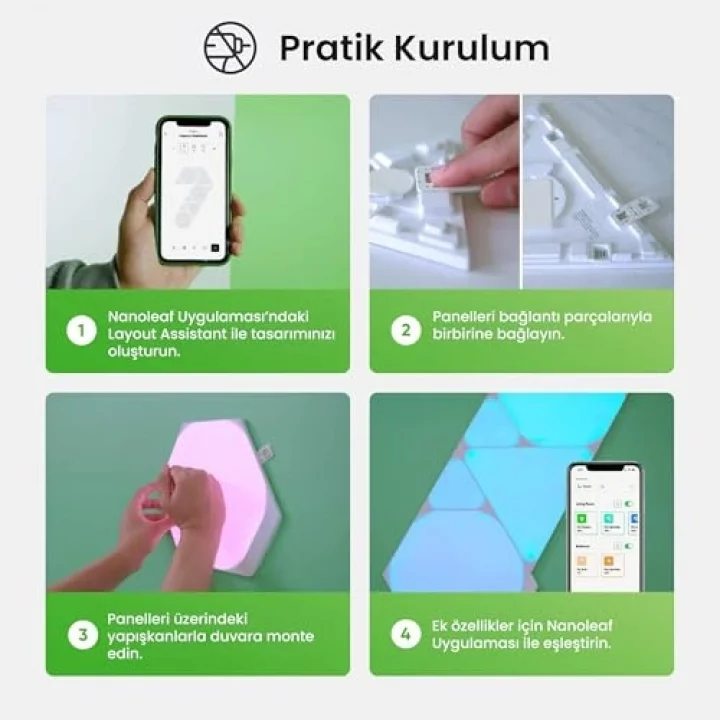 Shapes Ultra Siyah Üçgen Başlangıç ​​Seti, 9 Adet Akıllı RGBW Üçgen LED Panel – Modüler Wi-Fi Duvar Aydınlatması (16 Milyon Renk), Alexa, Google ve Apple ile Uyumlu