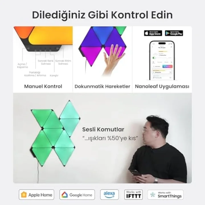 Shapes Ultra Siyah Üçgen Başlangıç ​​Seti, 9 Adet Akıllı RGBW Üçgen LED Panel – Modüler Wi-Fi Duvar Aydınlatması (16 Milyon Renk), Alexa, Google ve Apple ile Uyumlu