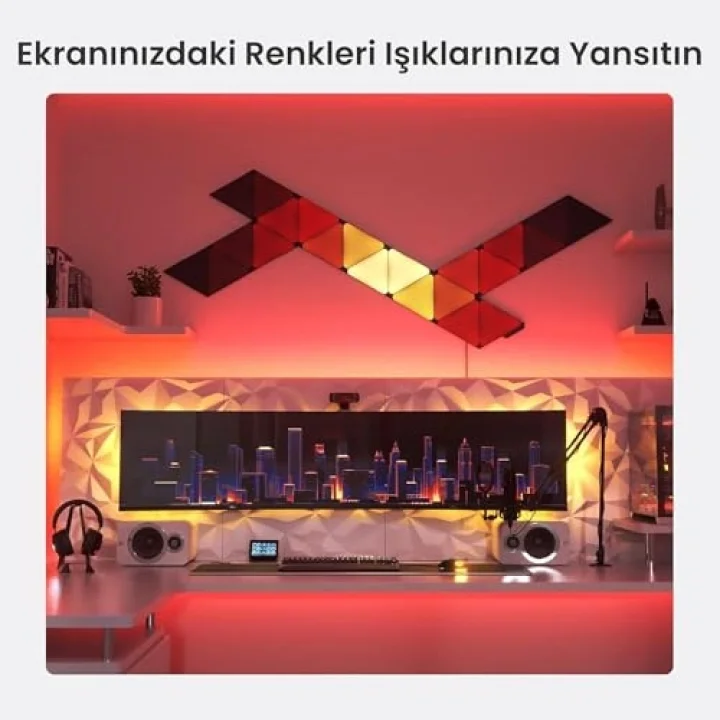 Shapes Ultra Siyah Üçgen Başlangıç ​​Seti, 9 Adet Akıllı RGBW Üçgen LED Panel – Modüler Wi-Fi Duvar Aydınlatması (16 Milyon Renk), Alexa, Google ve Apple ile Uyumlu