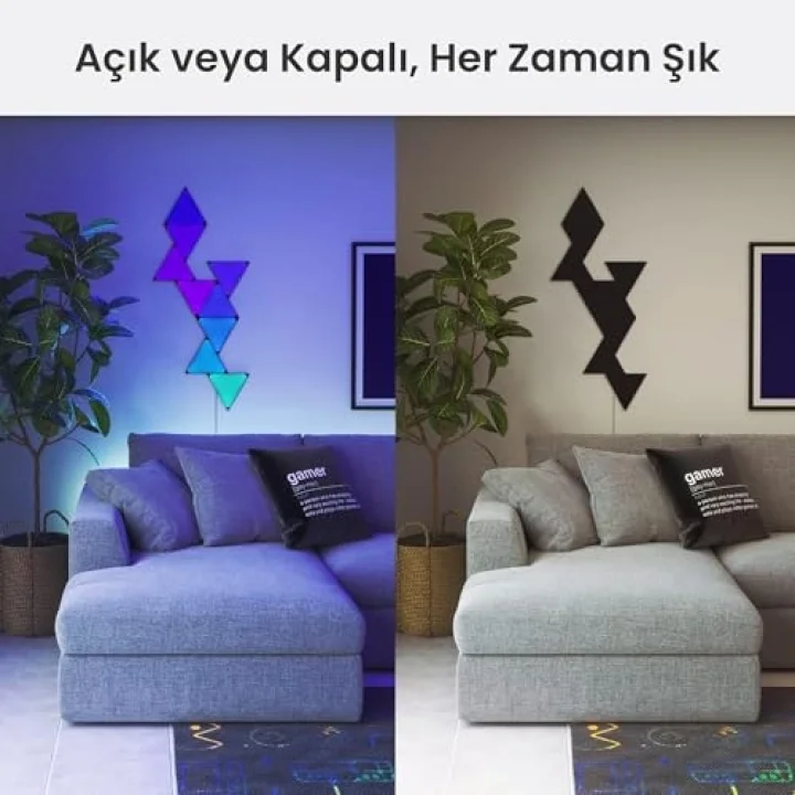Shapes Ultra Siyah Üçgen Başlangıç ​​Seti, 9 Adet Akıllı RGBW Üçgen LED Panel – Modüler Wi-Fi Duvar Aydınlatması (16 Milyon Renk), Alexa, Google ve Apple ile Uyumlu
