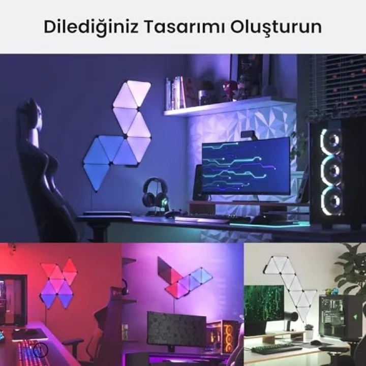 Shapes Ultra Siyah Üçgen Başlangıç ​​Seti, 9 Adet Akıllı RGBW Üçgen LED Panel – Modüler Wi-Fi Duvar Aydınlatması (16 Milyon Renk), Alexa, Google ve Apple ile Uyumlu