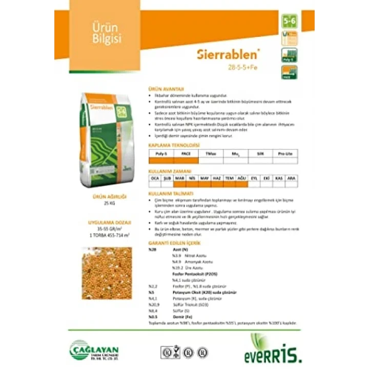Sierrablen 5-6 aylık Çim Bakım Gübresi 28+05+05+Fe