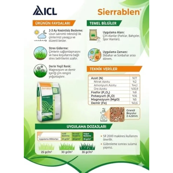 Sierrablen 5-6 aylık Çim Bakım Gübresi 28+05+05+Fe