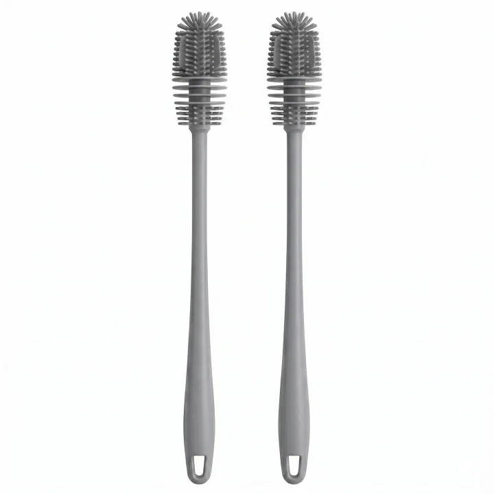 Silikon Biberon ve Matara Fırçası, Esnek Saplı, Gri, 30 cm, 2li Set, Bardak Temizliği için İdeal