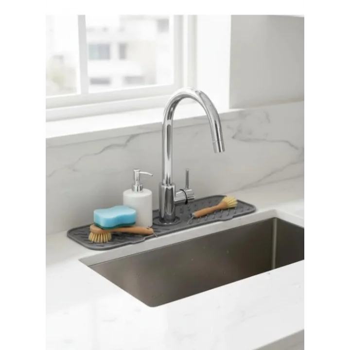 Silikon Lavabo Matı, Mutfak ve Banyo Evye Çevresi Organizeri, Gri