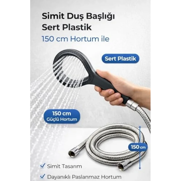 Simit Duş Başlığı Sert Plastik, 150 Cm Paslanmaz Çelik Hortumlu El Duşu, Yüksek Basınçlı Su Tasarruflu Duş Seti, Ergonomik Tutma Saplı Banyo Duş Başlığı