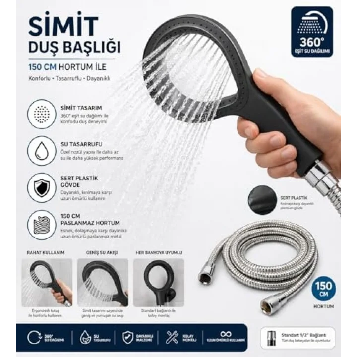 Simit Duş Başlığı Sert Plastik, 150 Cm Paslanmaz Çelik Hortumlu El Duşu, Yüksek Basınçlı Su Tasarruflu Duş Seti, Ergonomik Tutma Saplı Banyo Duş Başlığı