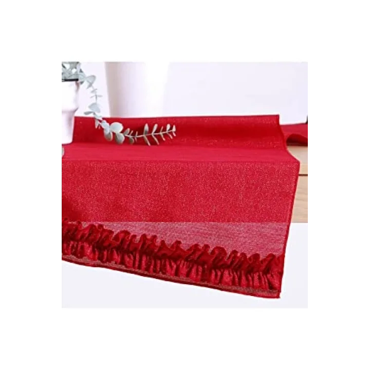 Simli Keten Runner Kırmızı Fırfırlı 45x150