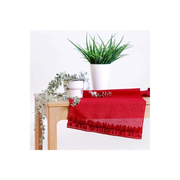 Simli Keten Runner Kırmızı Fırfırlı 45x150