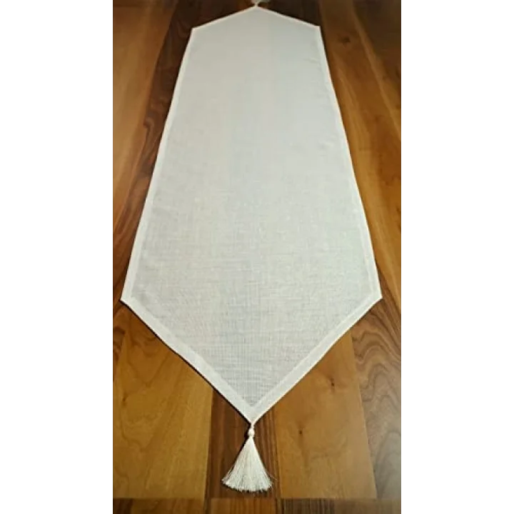 Simli Keten Runner Püsküllü, Kırık Beyaz, 45x150cm