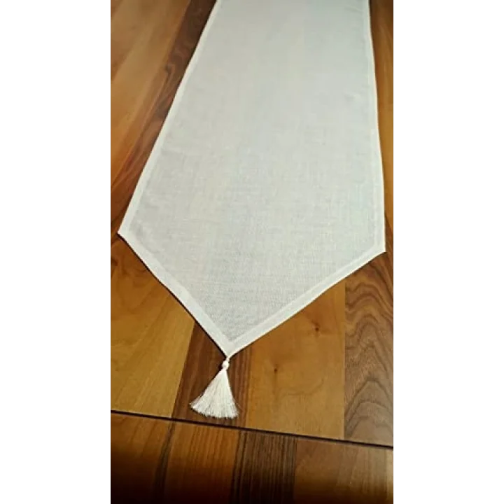 Simli Keten Runner Püsküllü, Kırık Beyaz, 45x150cm