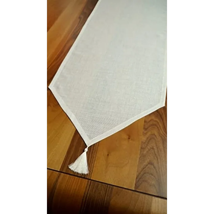 Simli Keten Runner Püsküllü, Kırık Beyaz, 45x150cm