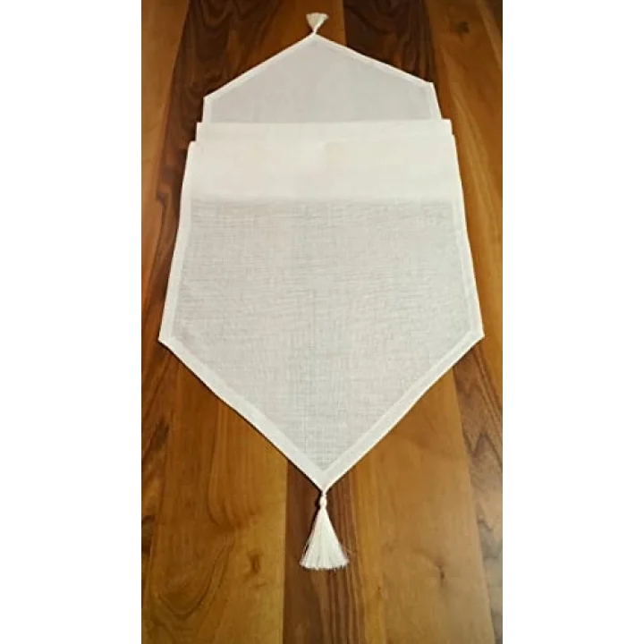 Simli Keten Runner Püsküllü, Kırık Beyaz, 45x150cm