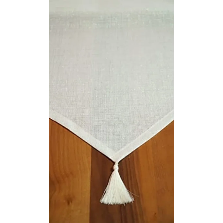 Simli Keten Runner Püsküllü, Kırık Beyaz, 45x150cm