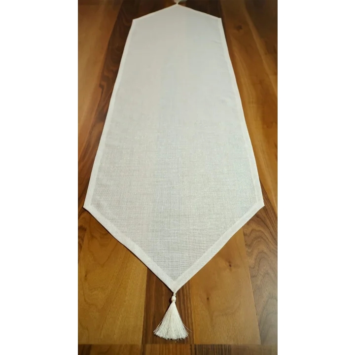 Simli Keten Runner Püsküllü, Kırık Beyaz, 45x150cm