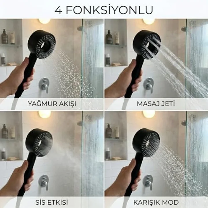 Siyah Elegant Duş Başlığı, 4 Fonksiyonlu Yüksek Basınçlı Duş Başlığı, Yağmur Akışı, Masaj Jeti, Sis Etkisi ve Karışık Mod