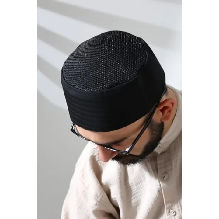Siyah Fileli Kumaş Kalıp Namaz Takkesi Siyah 58