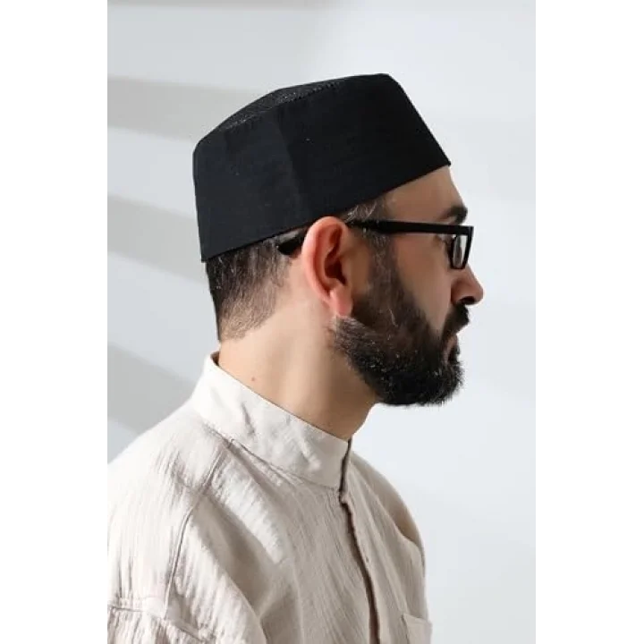 Siyah Fileli Kumaş Kalıp Namaz Takkesi Siyah 58