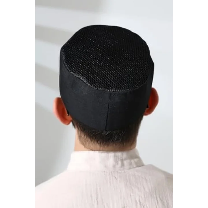 Siyah Fileli Kumaş Kalıp Namaz Takkesi Siyah 58