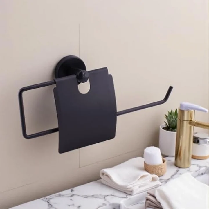 Siyah Kapaklı Kağıt Havluluk Banyo Tuvalet Mutfak İçin Duvar Tipi Vidalı Montaj Modern Aksesuar